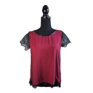🦃 Charlotte Russe Dark Red Black Lace Dressy Blouse Size Small Short Sleeve
